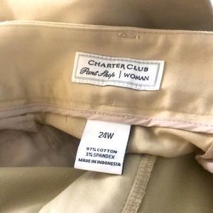 Tan slacks. Flat back pockets, side hip pockets. Flat front zipper.